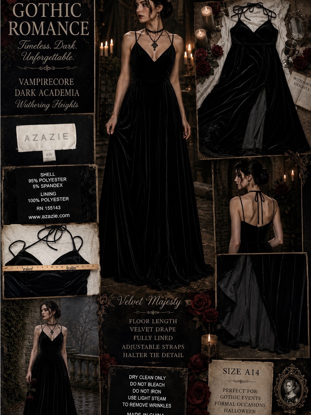 EUC Azazie Black Velvet Maxi Dress Open Wrap Slit Goth Romance A14 90s Elvira